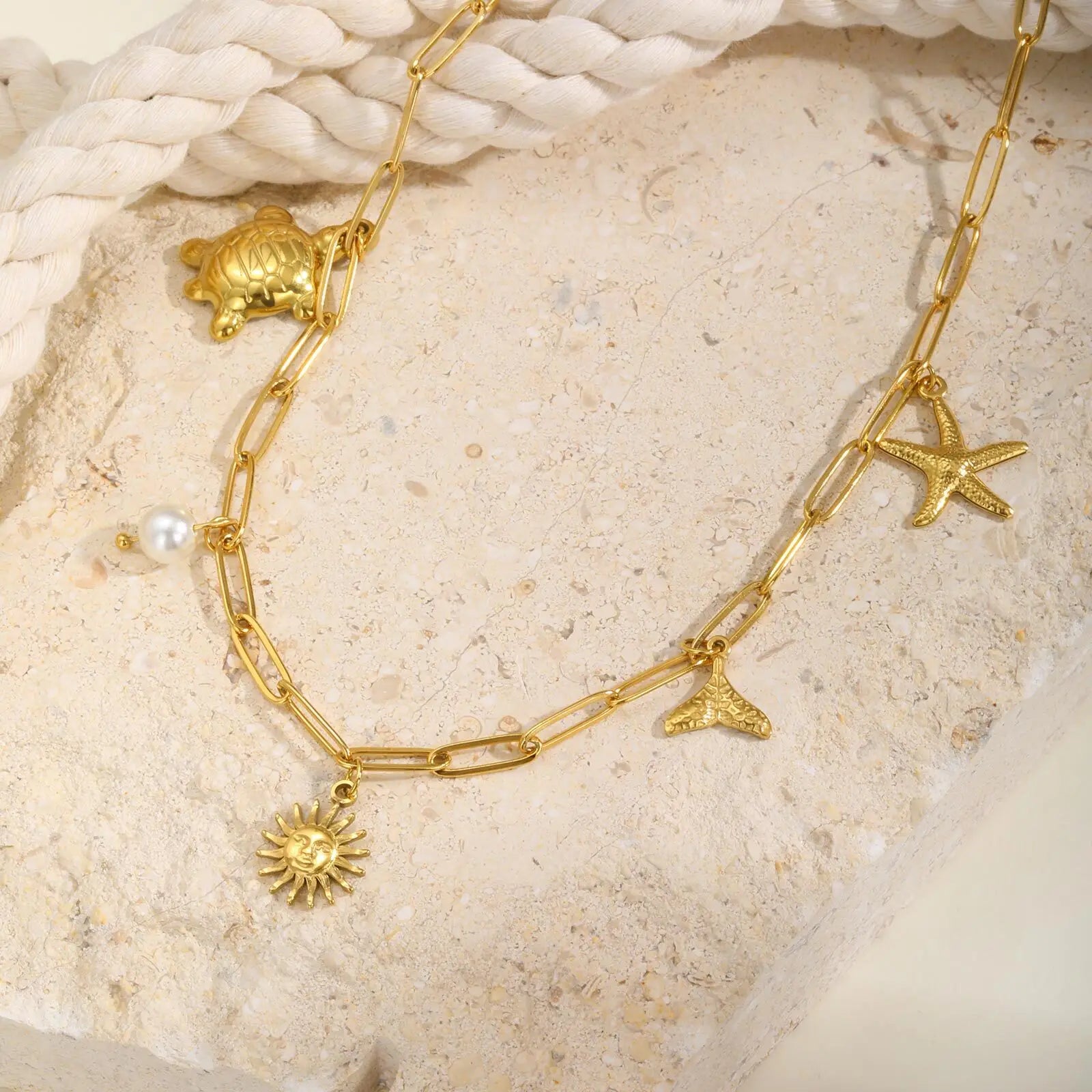Ocean Style Starfish Mermaid Sun Sea Turtle Charms Pendant Necklace Women, Stainless Steel Waterproof Beach Necklace Jewelry