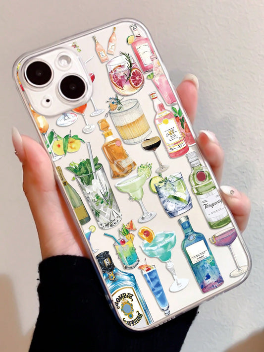 1Pc Transparent TPU Phone Case with Assorted Cocktail Patterns, Anti-Fingerprint, Compatible with Iphone Models: Iphone, Iphone 11, Iphone 14 Pro Max, Iphone 13 Pro, Iphone 15/15 Plus/15 Pro/15 Pro Max/12/12 Pro/12 Pro Max/14/14 Pro/13 Pro Max