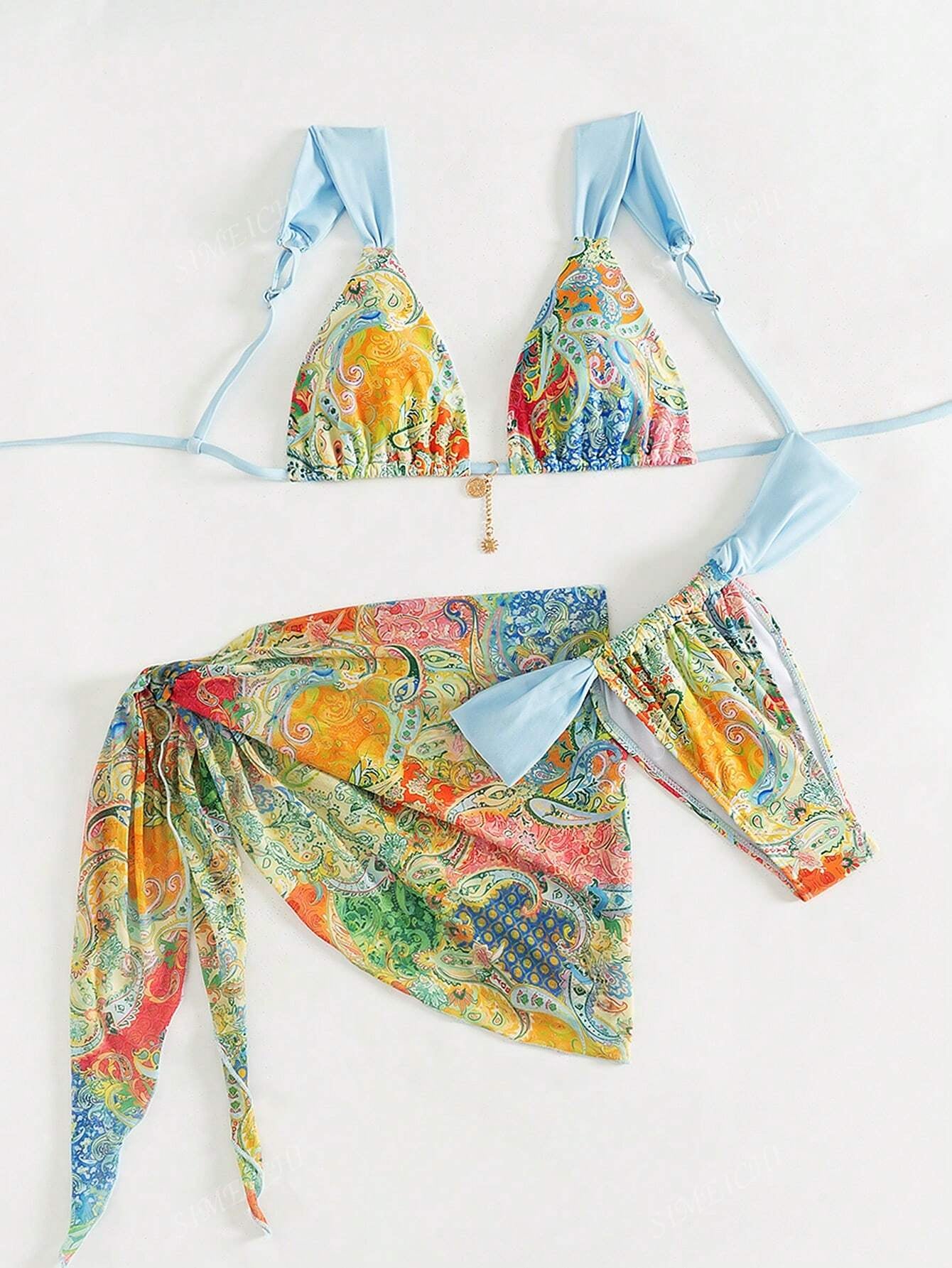 Paisley Print Light Blue Women 3-Piece Swimwear Set - Includes Bikini Top, Swim Brief Bottoms Bikini Set & Skirt, for Summer Beach Vacation