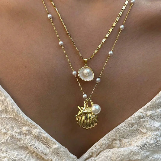2 Pcs Gold Plated Starfish Shell Pendant Necklace Summer Imitation Pearl Necklaces for Women Girls Ocean Beach Jewelry