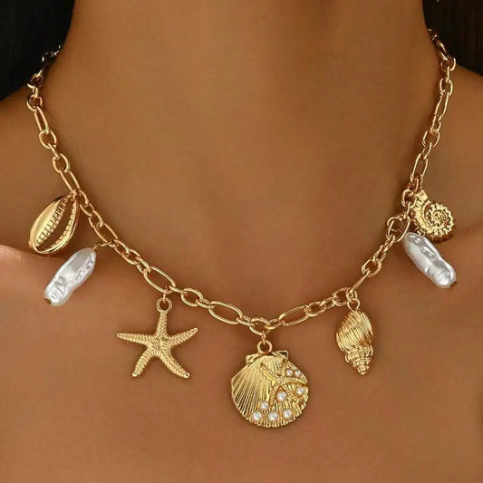 Vintage Imitation Pearl Starfish Conch Pendant Necklace for Women Fashion Handmade Metal Ocean Style Neck Chain Jewelry Gifts