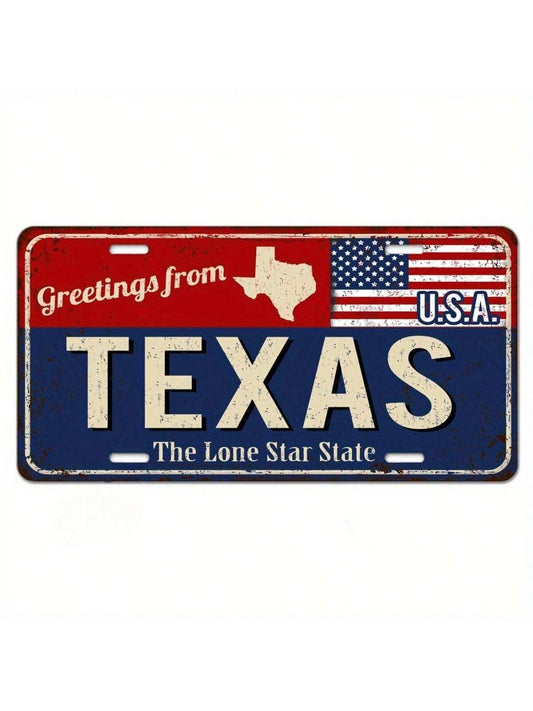 Vintage Texas Greeting Metal License Plate, Matte Finish, American Flag and Lone Star State Design, Novelty Front License Plate 6X12 Inch, Random Edge Style and Hole Positions