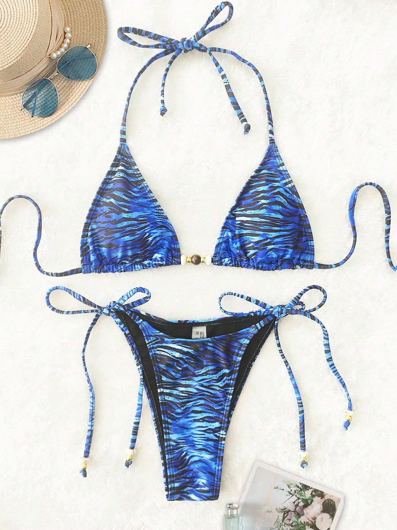 New Soft Padded Halter Backless Sexy Bikini, Beach Fashionable Beads Decorated Ladies Swimwear Set, Summer