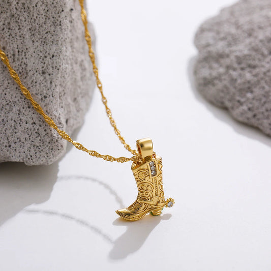 Punk Hiphop Western Cowboy Boots Necklace for Women Vintage Gold Plated CZ Link Chains Collar Necklaces Girls Gifts