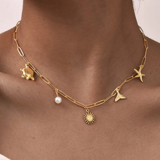 Ocean Style Starfish Mermaid Sun Sea Turtle Charms Pendant Necklace Women, Stainless Steel Waterproof Beach Necklace Jewelry