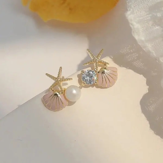 Vintage Metal Shell Starfish Pearl Drop Earrings for Women Trendy Gold Color Beach Shell Stud Earring Summer Jewelry Party Gifts