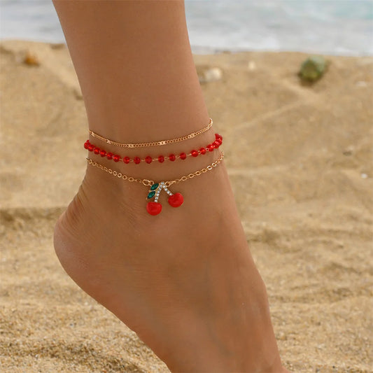 Cute Cherry Pendant Red Rice Beads Anklets for Women Charm Gold Color Foot Chain Ankle Bracelet Beach Jewelry Summer Accessories