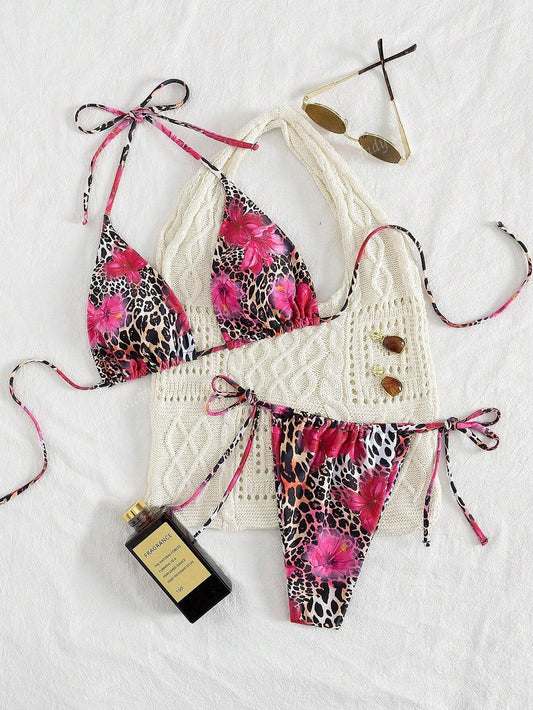 2Pcs Leopard Floral Print Sexy Open Back Tie up Bikini Swimsuit