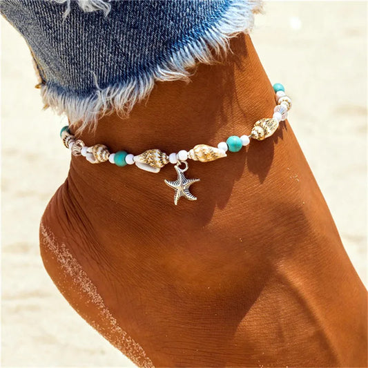 Vintage Silver Color Beads Starfish Anklets for Women Handmade Beaded Ankle Bracelet Summer Beach Foot Jewelry
