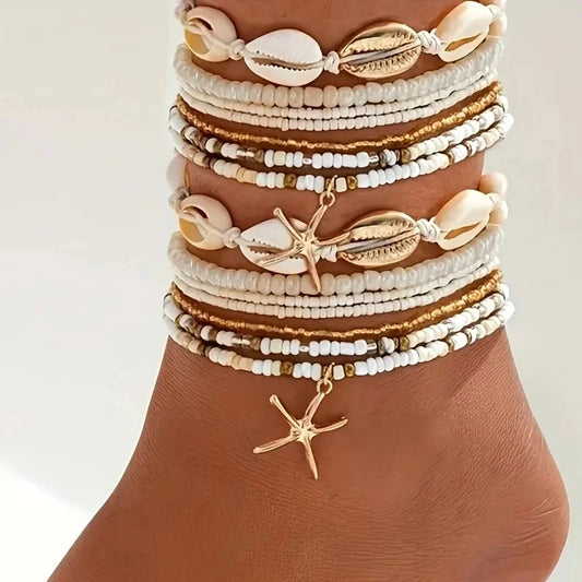 14Pcs/Set Bohemian Rice Beads Starfish Shell Anklet Sets for Women Retro Gold Color Multiler Foot Chain Vacation Jewelry Gifts