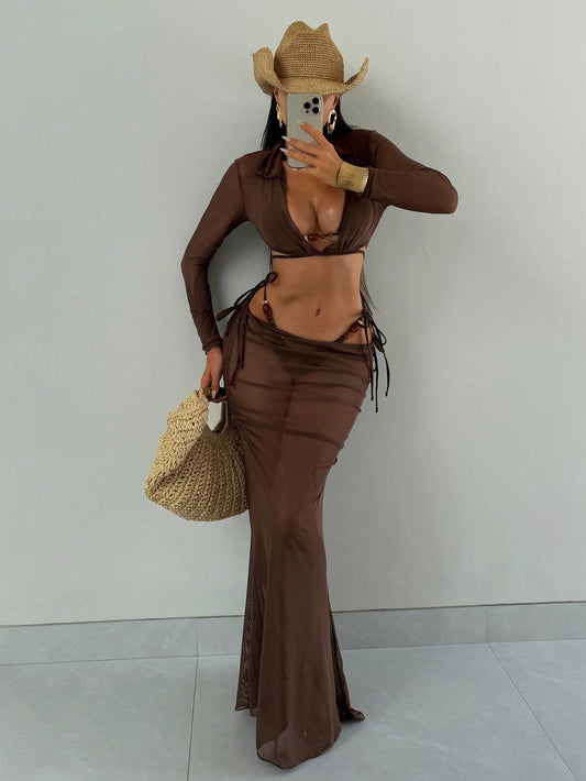 Bonvoyette 4Pcs/Set Summer Beach Women Swimsuit Solid Color Mesh Shirt Collar Long Sleeve Jacket, Half-Skirt Beaded Decor Triange Bikini Swimwear Set for Ladies Resort Swimming